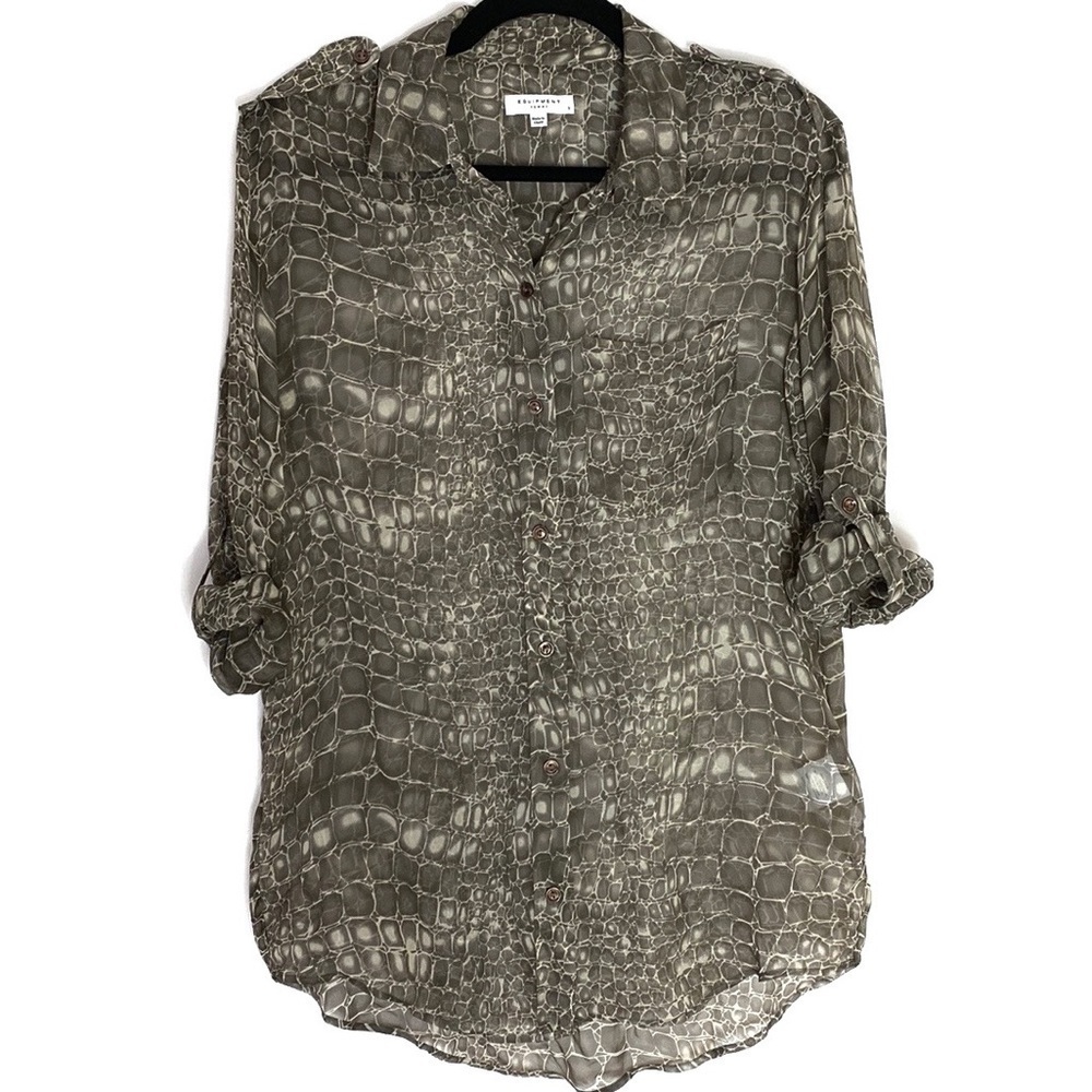 Equipment sheer silk croco print tan sleeve button down top size small